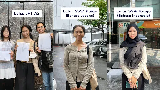 Foto dokumentasi Kak Nita lulus ujian kemampuan bahasa Jepang JFT A2, SSW Kaigo bahasa Jepang, dan SSW Kaigo bahasa Indonesia
